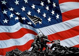 The Iwo Jima memorial (soldiers raising a US flag) superimposed over a large US flag 