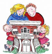 A family hugs a small representation of the Library.