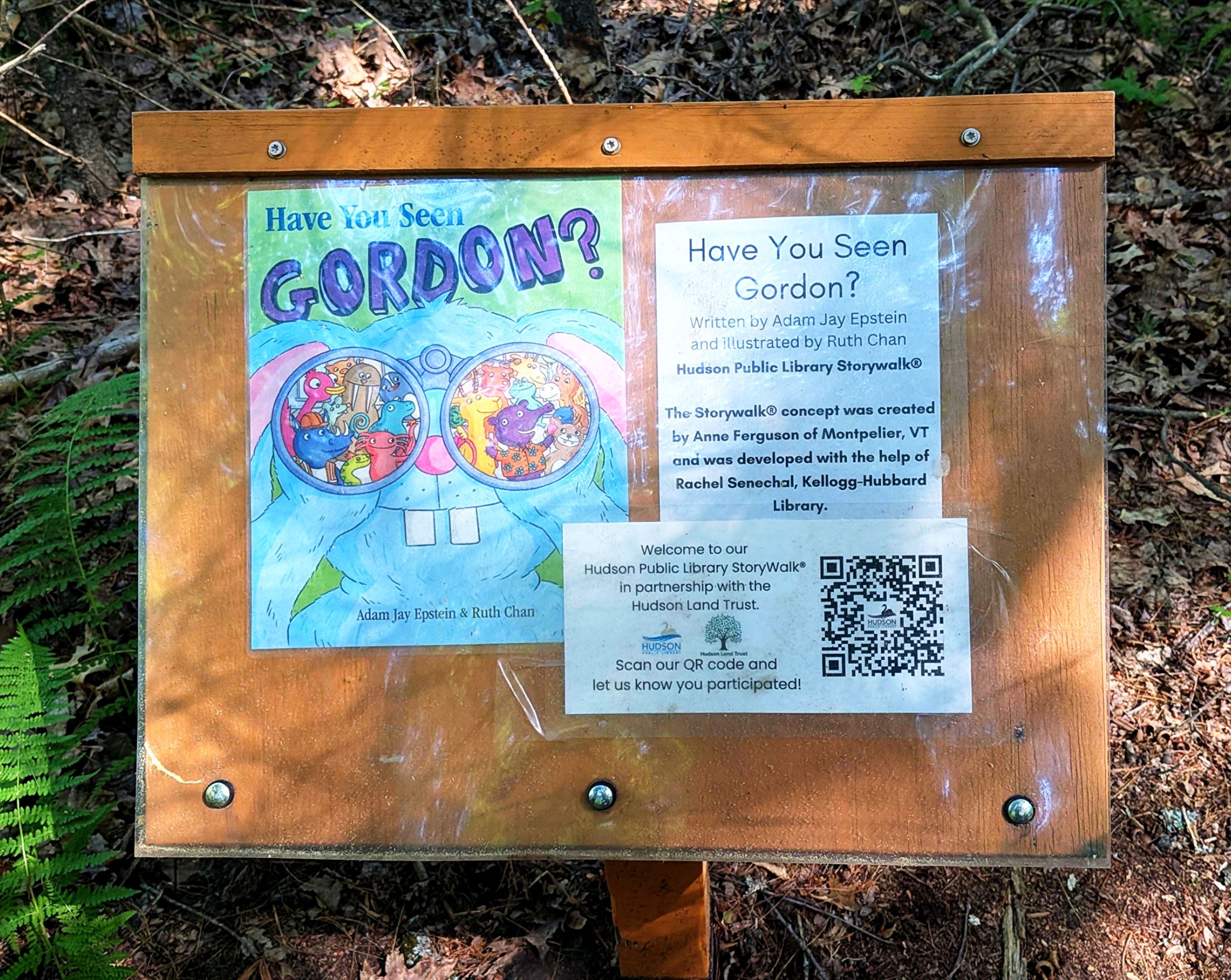 First kiosk on Old North Road Story Walk featuring title page of current story Have You Seen Gordon?